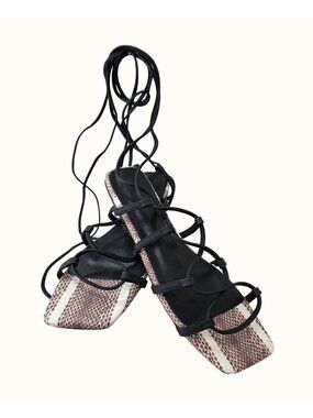 ZBY Lace Up Gladiator Sandals Womens Sz 11Black White Faux Snake Print Flats NEW